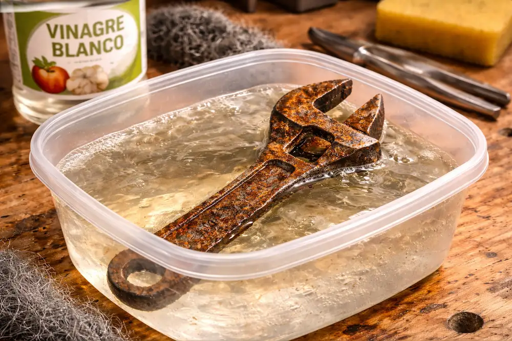 llave inglesa en vinagre blanco eliminar el oxido de las herramientas