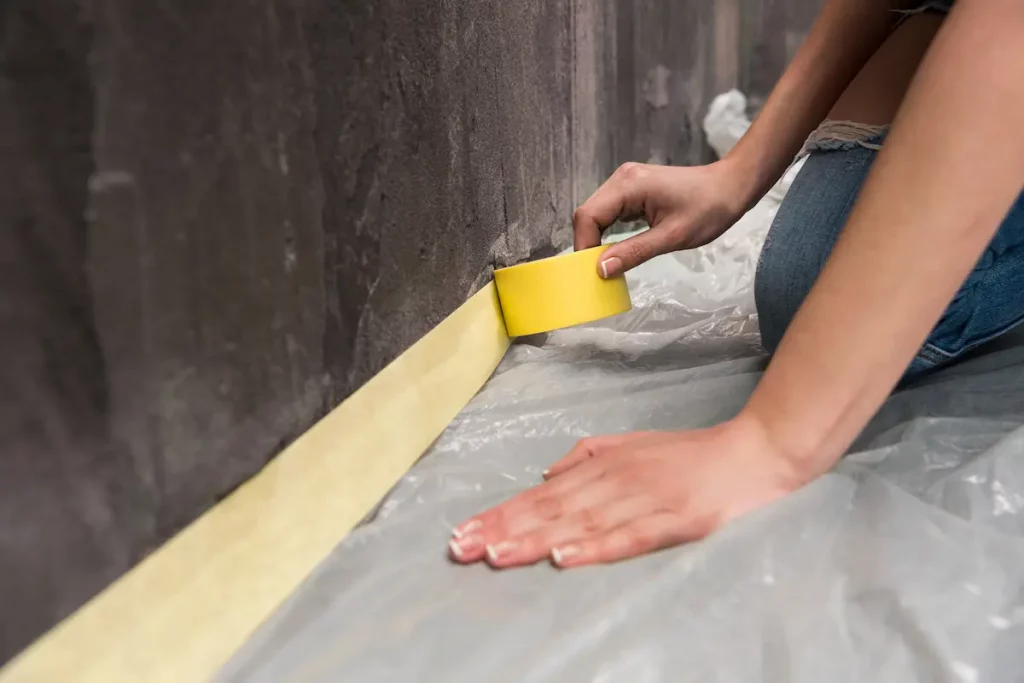 colocando cinta carrocero en rodapies pintar paredes correctamente