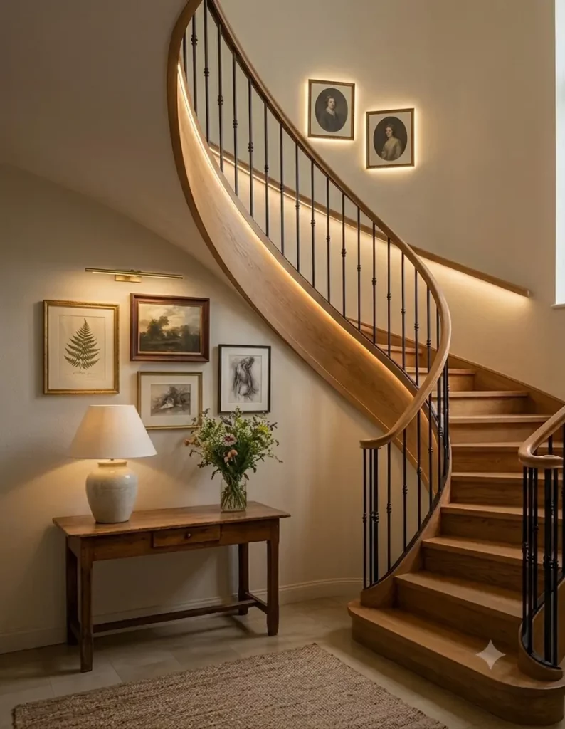 iluminación y decoración en la pared de subida de la escalera